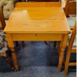 PINE SCHOOL DESK WITH LIFT-TOP ON TURNED SUPPORTS,