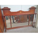 INLAID MAHOGANY OVERMANTLE MIRROR WITH DENTIL CORNICE & TURNED DECORATION,