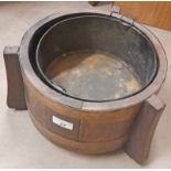 OAK BARREL COAL BIN WITH BRASS COOPERING.