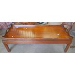 MAHOGANY RECTANGULAR TRAY TOP TABLE ON SQUARE SUPPORTS,