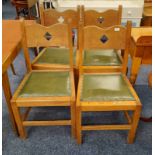 SET OF 4 ARTS & CRAFTS OAK CHAIRS ON SQUARE SUPPORTS WITH GREEN LEATHER SEATS