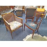 LATE 19TH CENTURY BEECH FRAMED BERGERE OPEN ARMCHAIR ON SPLAYED SUPPORTS & INLAID MAHOGANY OPEN