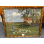 MARGARET ISOBEL WRIGHT THE GOOSE GIRL SIGNED TO REVERSE GILT FRAMED OIL PAINTING 34 X 45 CM