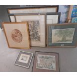 VARIOUS FRAMED ENGRAVINGS, DRAWINGS, ETC TO INCLUDE; ELIZABETH GEMMELL, OLIVE TREE AT DELPH, SIGNED,