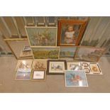 LARGE SELECTION OF FRAMED PRINTS OF VARIOUS THEMES TOGETHER WITH A GILT FRAMED MIRROR,