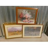 3 FRAMED PRINTS: PAULINE JASPER, BUCKET OF ROSES, DAVID SHEPHERD, HIGHLAND CATTLE & 1 OTHER.