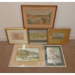 5 FRAMED WATER COLOURS ETC TO INCLUDE: RA HENDERSON 'CYCLAMEN, ALAN TURNER, LOCHAN,