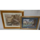 J LONGFIELD FRAMED WATERCOLOUR BRIDGE OVER RIVER SIGNED 32CM X 40CM & GILT FRAMED WATERCOLOUR