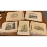 LARGE SELECTION OF UNFRAMED ENGRAVINGS DEPICTING BRITISH CASTLES, BLUEPRINTS, VILLAGES ETC.