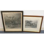 2 FRAMED ENGRAVINGS, AFTER SIR EDWARD LANDSEER, HUNTERS AT GRASS, SIGNED , 53 X 49 CM, & DEFIANCE,