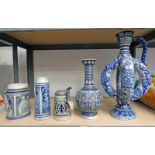 GERMAN POTTERY VASES AND MUGS ON ONE SHELF