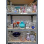 EXCELLENT SELECTION OF COLOURED GLASS, CUT GLASS, ART GLASS, ETC,