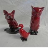 3 ROYAL DOULTON FLAMBE FIGURES OF A FOX 11CM TALL, CAT 13CM TALL & DUCK 6.