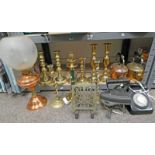 3 PAIRS OF 19TH CENTURY BRASS CANDLESTICKS,BRASS & COPPER PARAFFIN LAMP WITH SHADE,