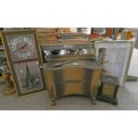 ART DECO STYLE BRASS COAL BIN, MANTLE CLOCK,