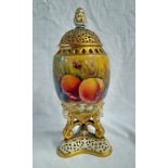 ROYAL WORCESTER FRUIT DECORATED VASE WITH PIERCED WORK LID SIGNED RICKETTS (AS FOUND) HEIGHT 22 CMS