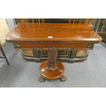 19TH CENTURY ROSEWOOD FLIP-TOP TEA TABLE ON CENTRE PEDESTAL WITH 4 PAW FEET,