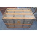 WOOD BOUND TRUNK WITH METAL FIXTURES,