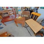 NEST OF 3 TABLES WITH GLASS INSET TOPS, MAHOGANY COFFEE TABLE, PINE CD RACK,