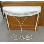 MARBLE TOPPED HALF MOON CONSOLE TABLE ON PAINTED WROUGHT METAL BASE.
