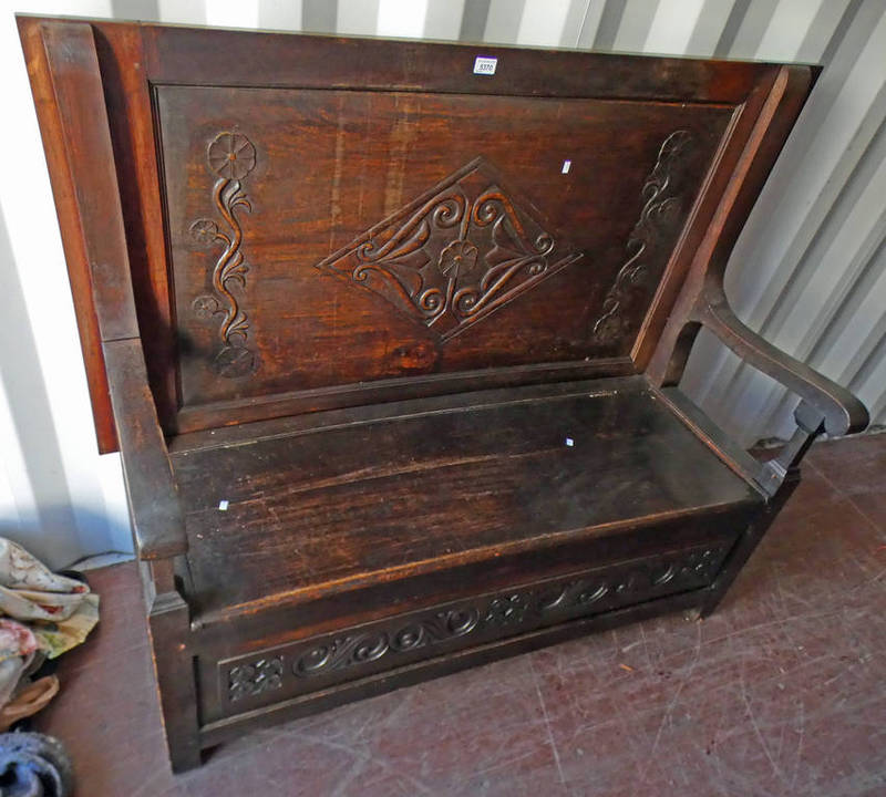 19TH CENTURY MAHOGANY HALL BENCH WITH CARVED PANEL BACK & SIDES & LIFT UP SEAT 117 CM TALL X 142 CM