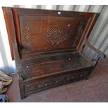 19TH CENTURY MAHOGANY HALL BENCH WITH CARVED PANEL BACK & SIDES & LIFT UP SEAT 117 CM TALL X 142 CM