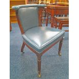 19TH CENTURY STYLE MAHOGANY CHAIR WITH PADDED BLUE LEATHER BACK & SEAT ON REEDED SUPPORTS
