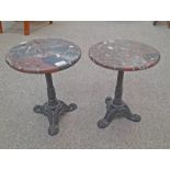 PAIR OF MARBLE CIRCULAR OCCASIONAL TABLES ON CAST IRON PEDESTALS WITH 3 SPREADING SUPPORTS,