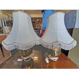 PAIR OF BRASS TABLE LAMPS ON ORIENTAL HARDWOOD BASES