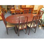 EXTENDING DINING TABLE WITH FOLD OUT LEAF & SET OF 6 DINING CHAIRS LABELLED MORRIS TO UNDERSIDE,