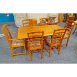 OAK REFECTORY STYLE TABLE AND SET OF 6 LADDERBACK CHAIRS ON TURNED SUPPORTS INCLUDING 2 ARMCHAIRS.