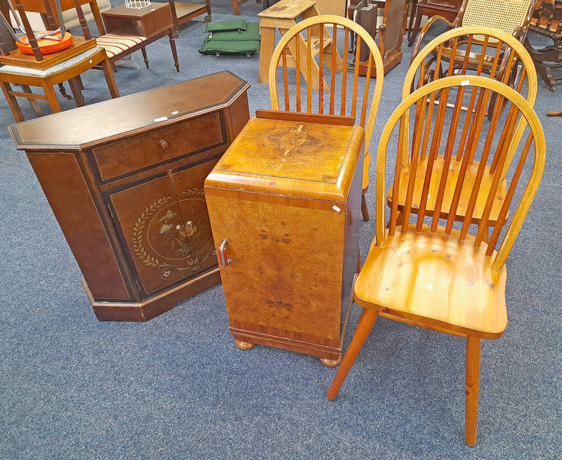 SET OF 3 PINE SPINDLE BACK CHAIRS & PAINTED CABINET ETC