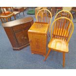 SET OF 3 PINE SPINDLE BACK CHAIRS & PAINTED CABINET ETC