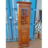 OAK CORNER CABINET WITH GLAZED PANEL DOOR OVER DRAWER & PANEL DOOR 183 CM TALL