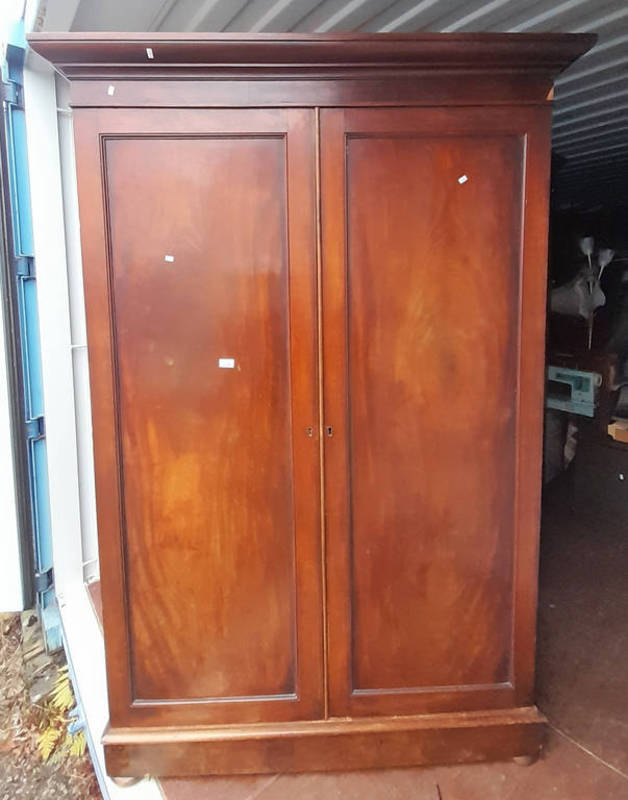 19TH CENTURY MAHOGANY 2 DOOR WARDROBE ON BUN FEET,