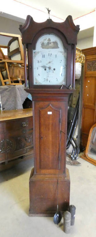 19TH CENTURY OAK LONGCASE CLOCK WITH PAINTED DIAL WITH CLASSICAL RURAL SCENE SIGNED INDISTINCTLY