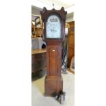 19TH CENTURY OAK LONGCASE CLOCK WITH PAINTED DIAL WITH CLASSICAL RURAL SCENE SIGNED INDISTINCTLY