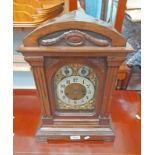 ARTS & CRAFTS STYLE MAHOGANY MANTLE CLOCK WITH BRASS & SILVERED DIAL.