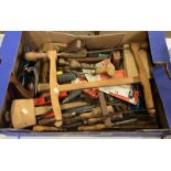 SELECTION OF TOOLS TO INCLUDE WOOD WORKING PLANE, BOW SAW, VARIOUS CHISELS, LEVELS,