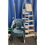 4 PLASTIC CHAIRS AND TWO LADDERS ETC