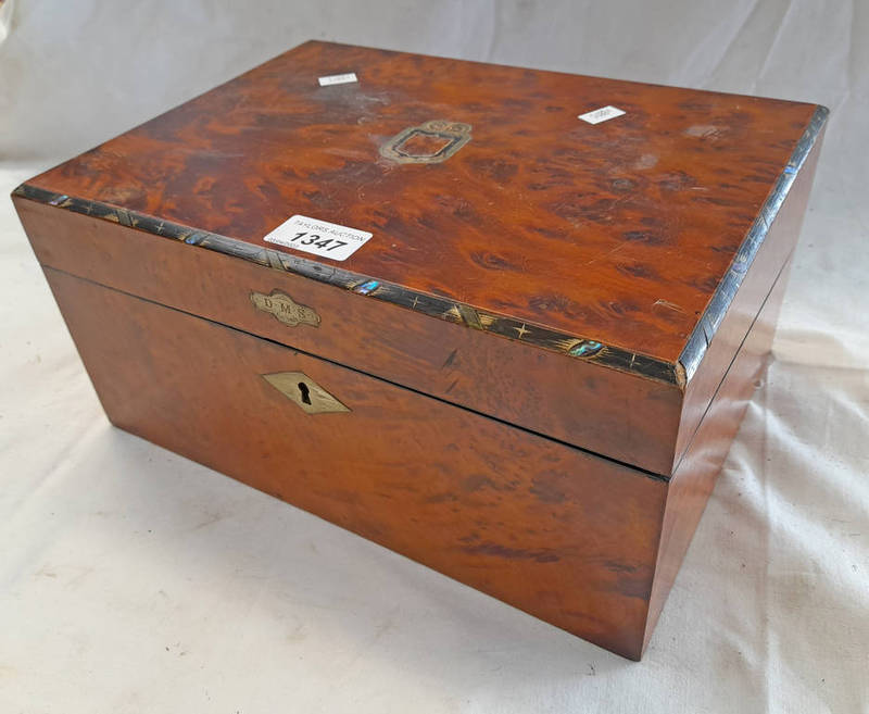 EARLY 20TH CENTURY BIRDS EYE MAPLE WRITING SLOPE WITH FITTED INTERIOR AND GLASS INK WELLS 30.