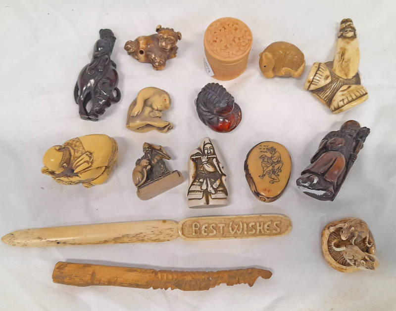 SELECTION OF ORIENTAL ITEMS TO INCLUDE COMPOSITE NETSUKES, CARVED BONE LETTER OPENER,