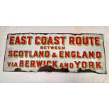 ENAMEL SIGN 'EAST COAST ROUTE BETWEEN SCOTLAND & ENGLAND VIA BERWICK & YORK' 28 X 70 CM