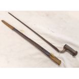 BROWN BESS STYLE SOCKET BAYONET WITH 41CM LONG TRIANGULAR BLADE WITH ITS LEATHER & BRASS SCABBARD,