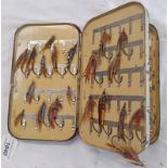 LARGE BLACK JAPANNED SWING LEAF SALMON FLY BOX MARKED PATENT 13561 WITH CONTENTS OF VARIOUS SALMON