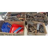 GOOD SELECTION OF VARIOUS TOOLS TO INCLUDE AXE HEADS, HAMMERS, SAWS,