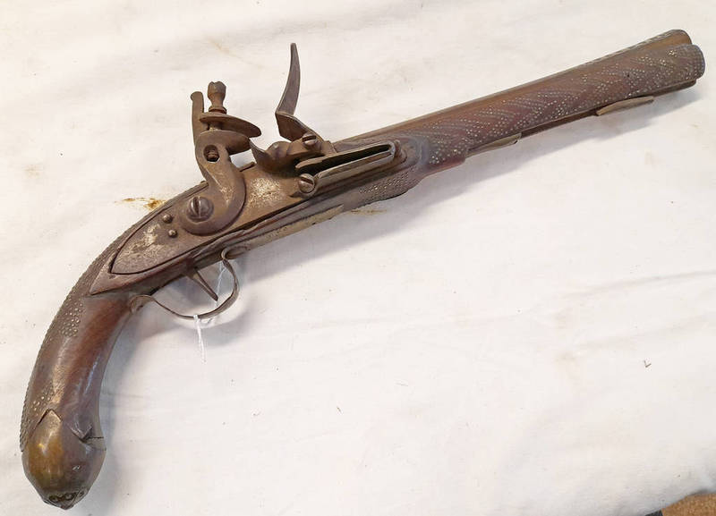 19TH CENTURY 38 BORE INDIAN FLINTLOCK HOLSTER PISTOL WITH 10.