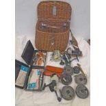 FISHERMANS CREEL WITH CONTENTS TO INCLUDE GARCIA MITCHELL 622, ABU CARDINAL 60 MODEL 1,