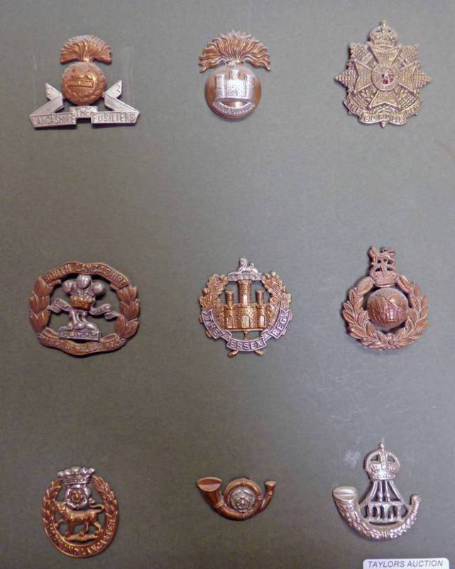 9 CAP BADGES TO INCLUDE THE ESSEX REGT, THE LANCASHIRE FUSILIER'S,