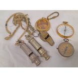 POCKET COMPASS IN BRASS / GILT CASE WITH BLUED NEEDLE, ARP WHISTLE BY HUDSON & CO,